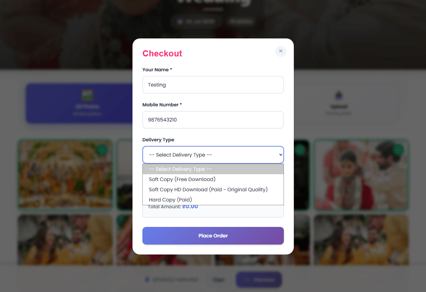 Guest photo order form showing free softcopy, paid HD softcopy and hardcopy delivery options