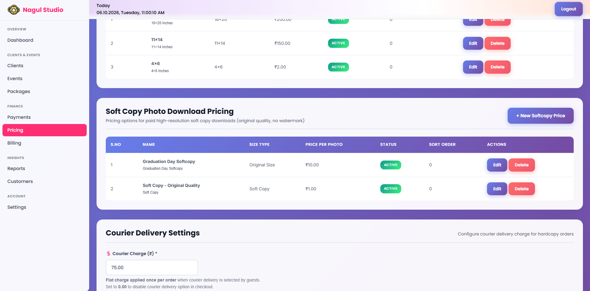 Courier delivery settings showing the single flat courier charge for a studio