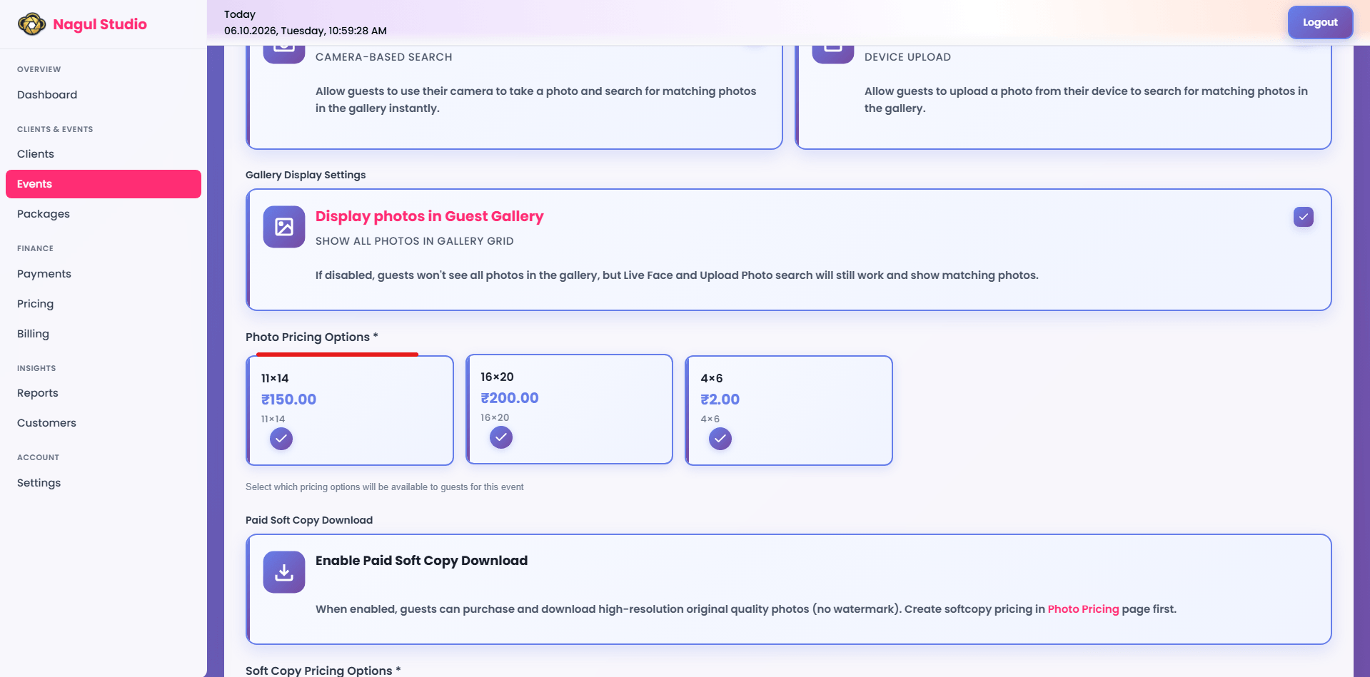 Studio print pricing options with photo sizes and prices for guest hardcopy orders