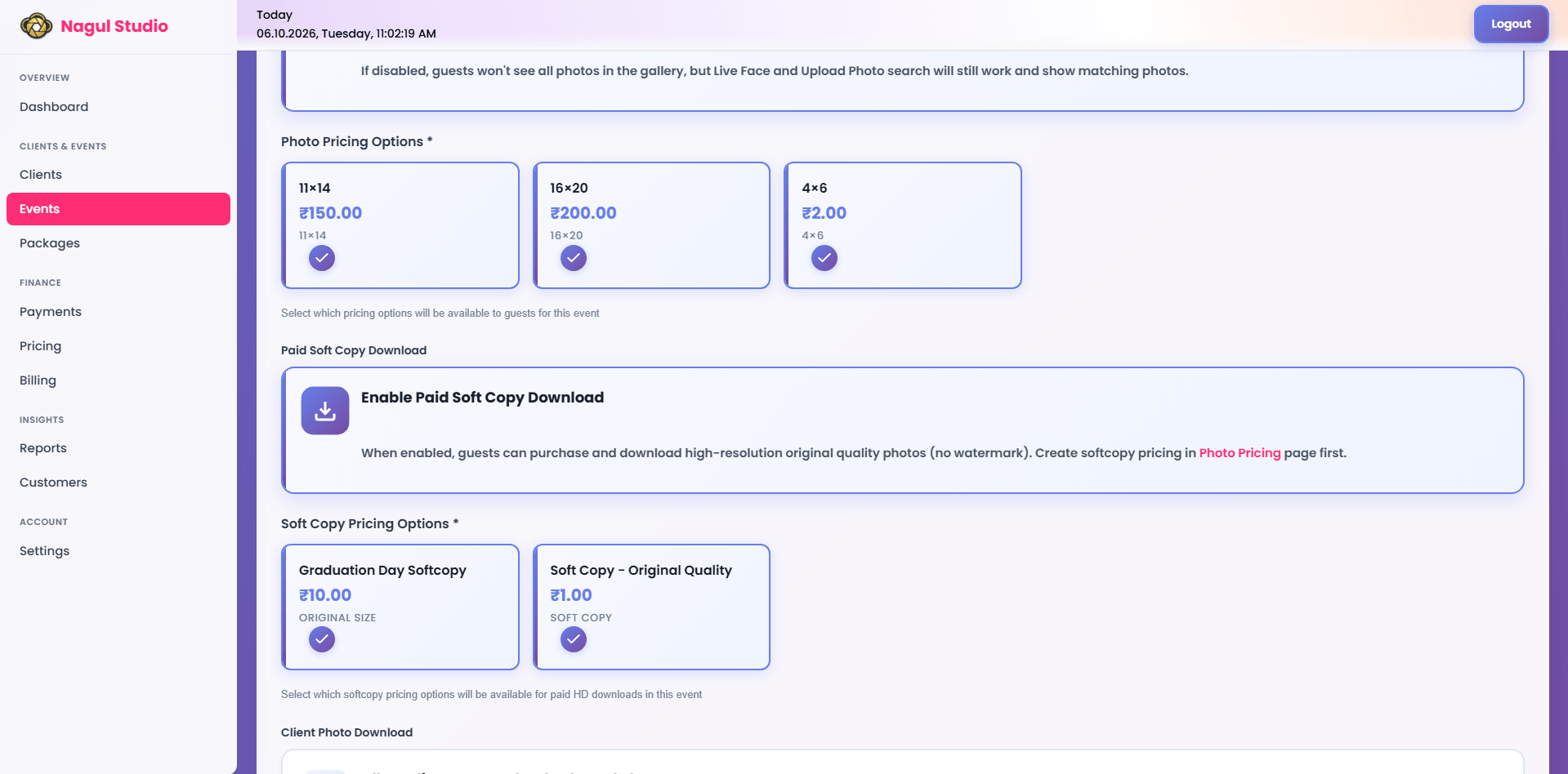 Studio event setting enabling paid HD softcopy download with photo download pricing options