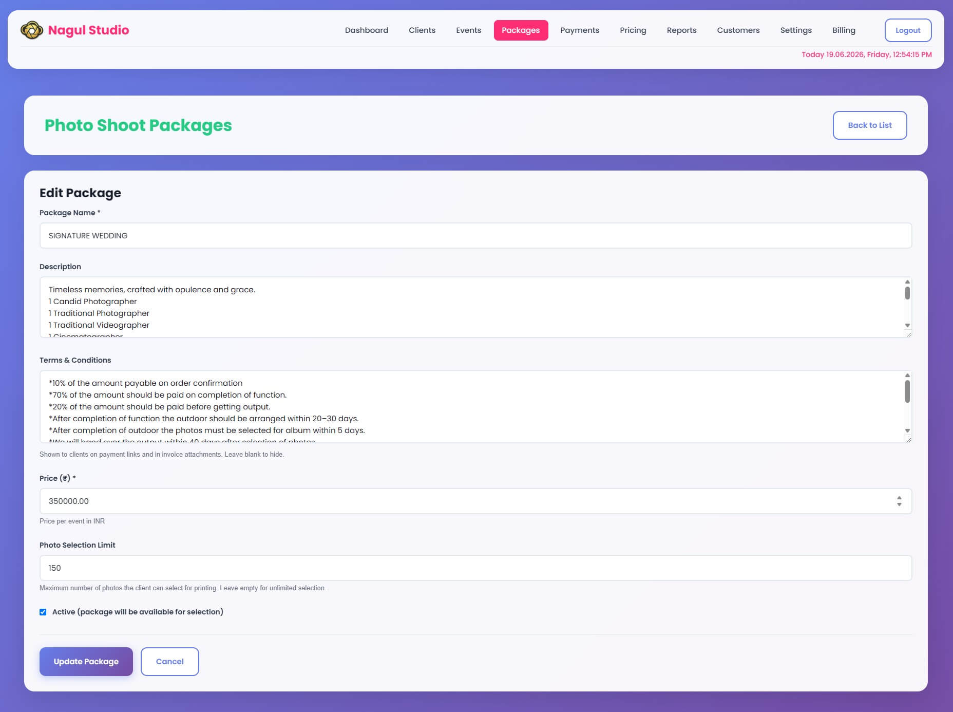 MyPhotoStudio photo shoot package setup showing photo selection limit and terms and conditions fields
