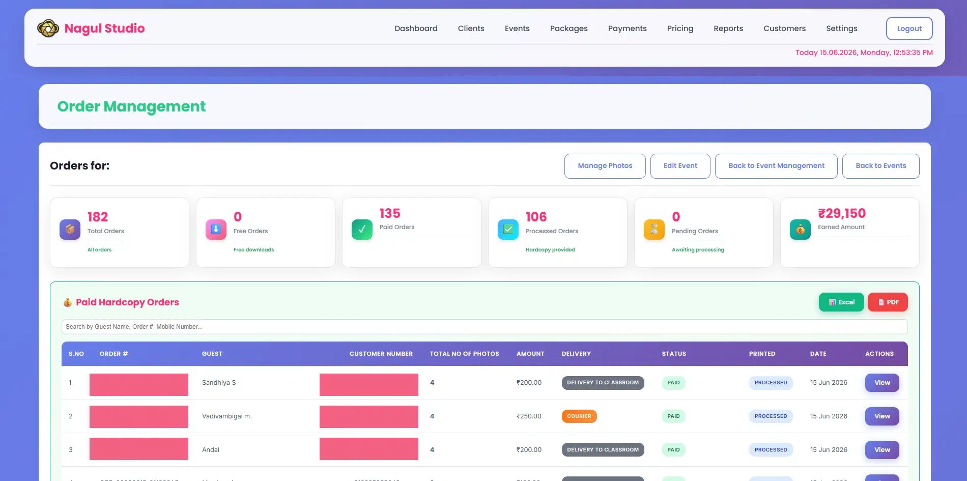 MyPhotoStudio installment tracking dashboard - live payment status across all photography bookings